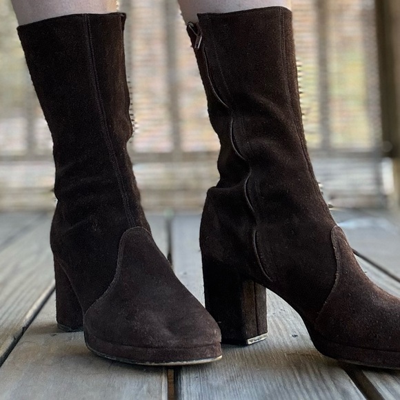Vintage 70s platform boots brown suede mid calf zip up soft US 9 Italy round toe - Picture 2 of 10